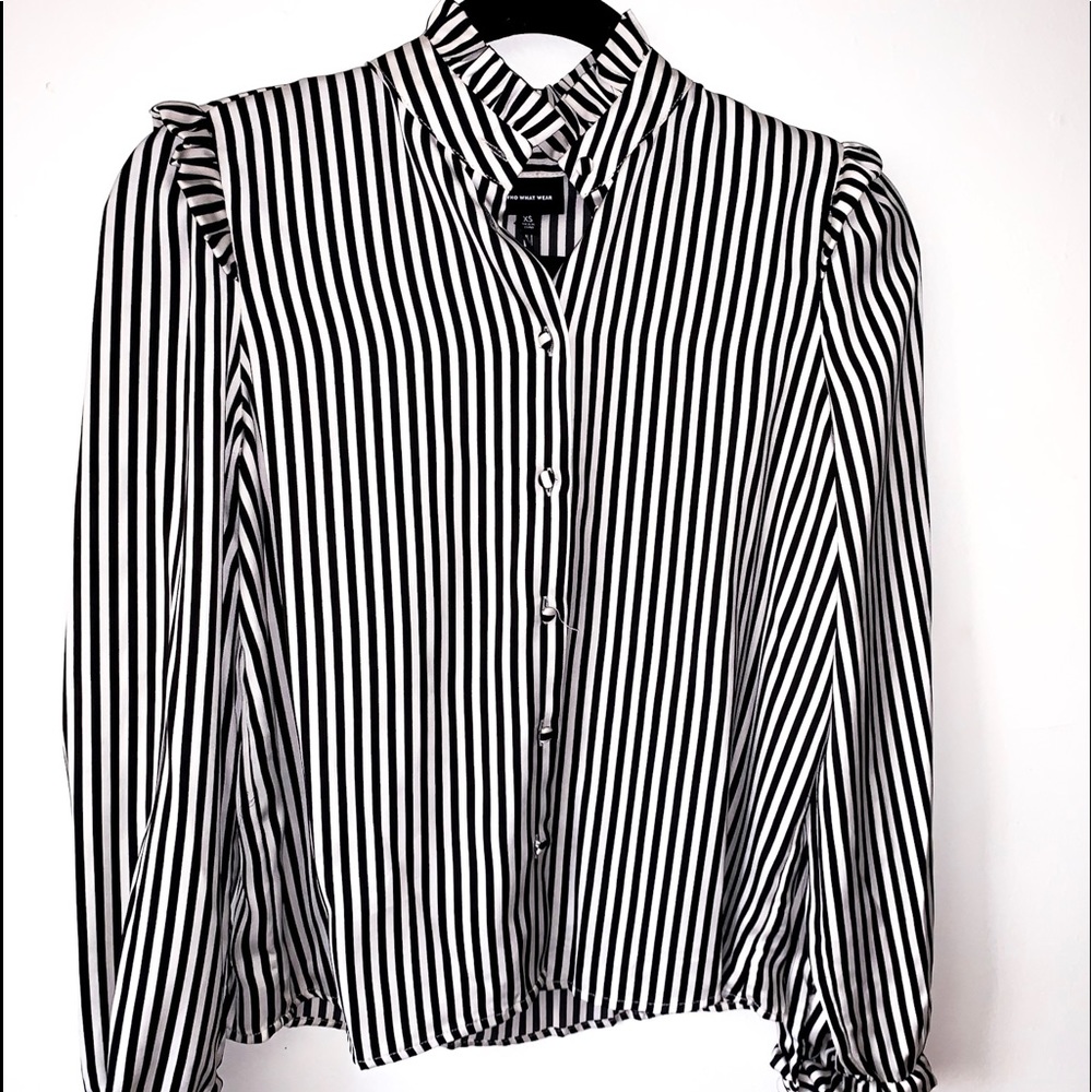 RUFFLED, SILKY BLOUSE, JET BLACK STRIPES